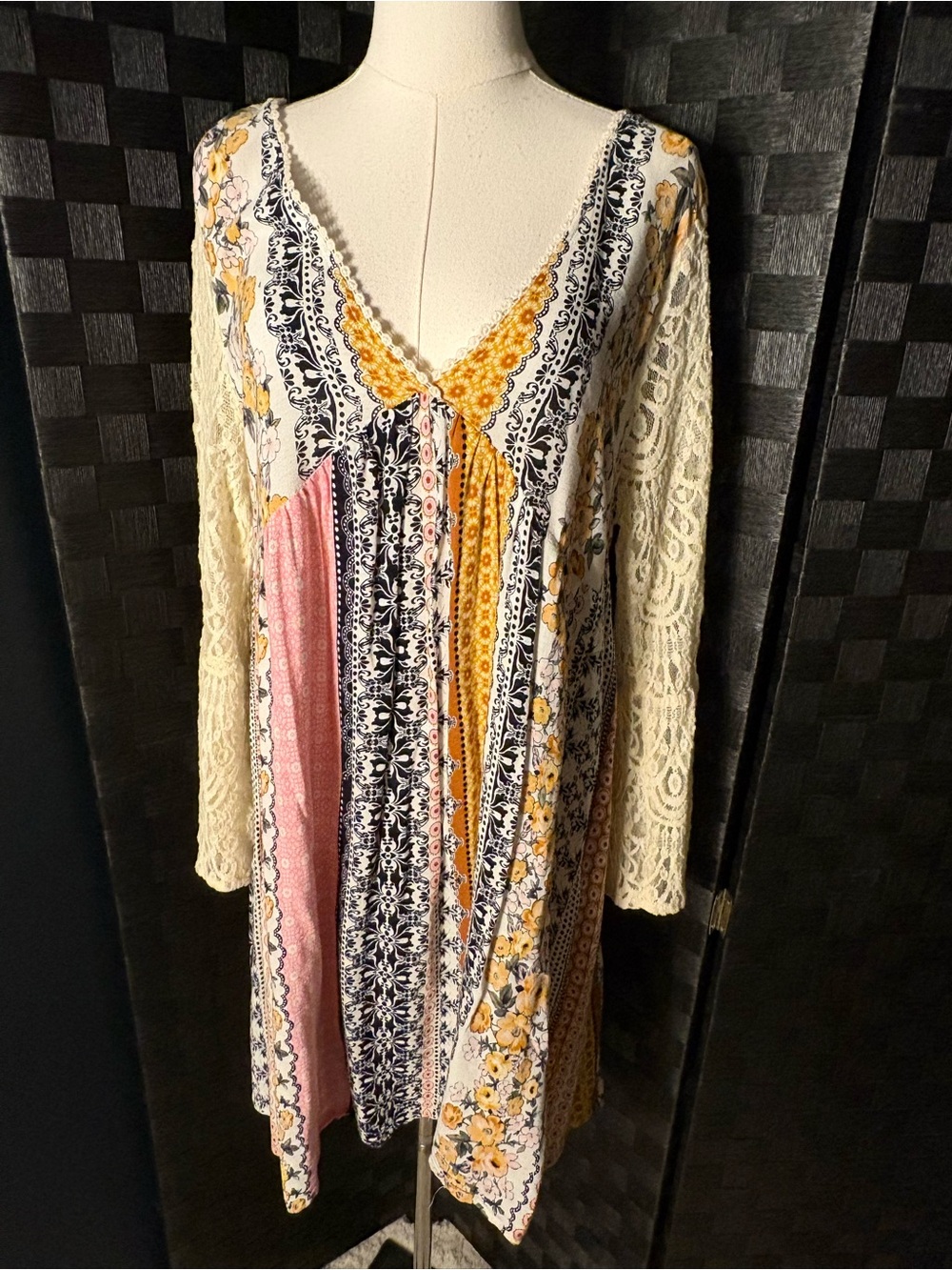 Kori America Boho Mixed Print Patchwork Babydoll Dress Lace Long bell Sleeve